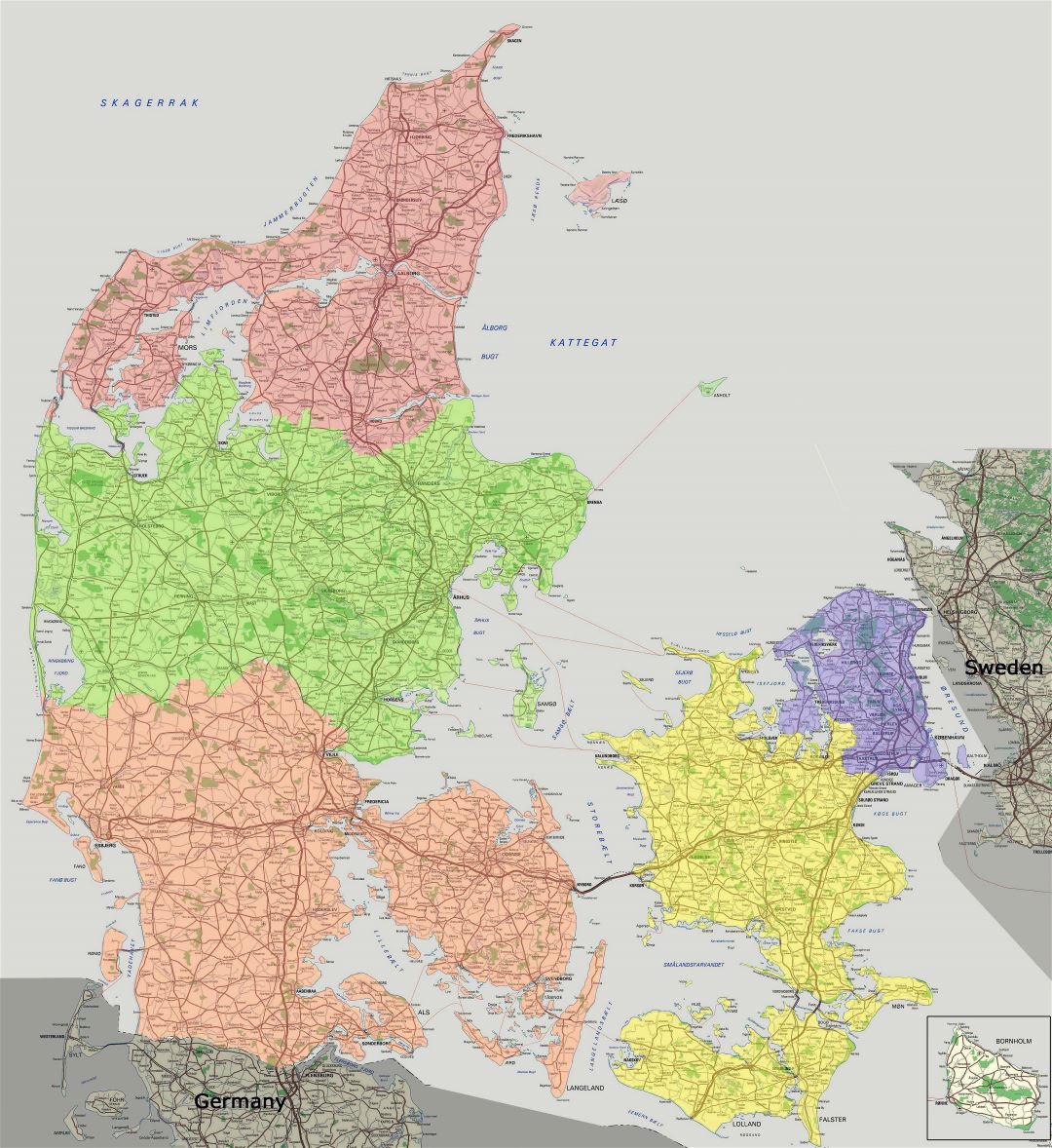 Large scale detailed road map of Denmark with all cities and villages