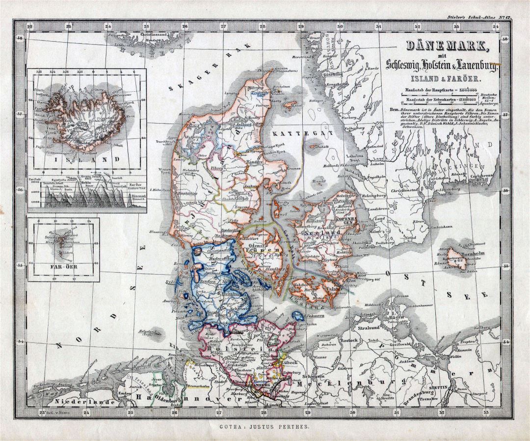Large scale old political and administrative map of Denmark with cities - 1862