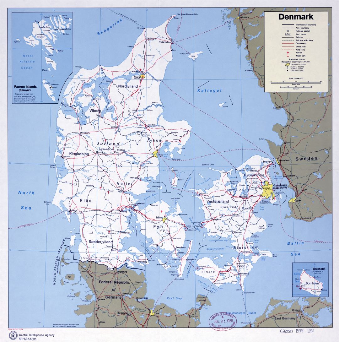 Large scale political and administrative map of Denmark with roads, railroads, airports, seaports and cities - 1974