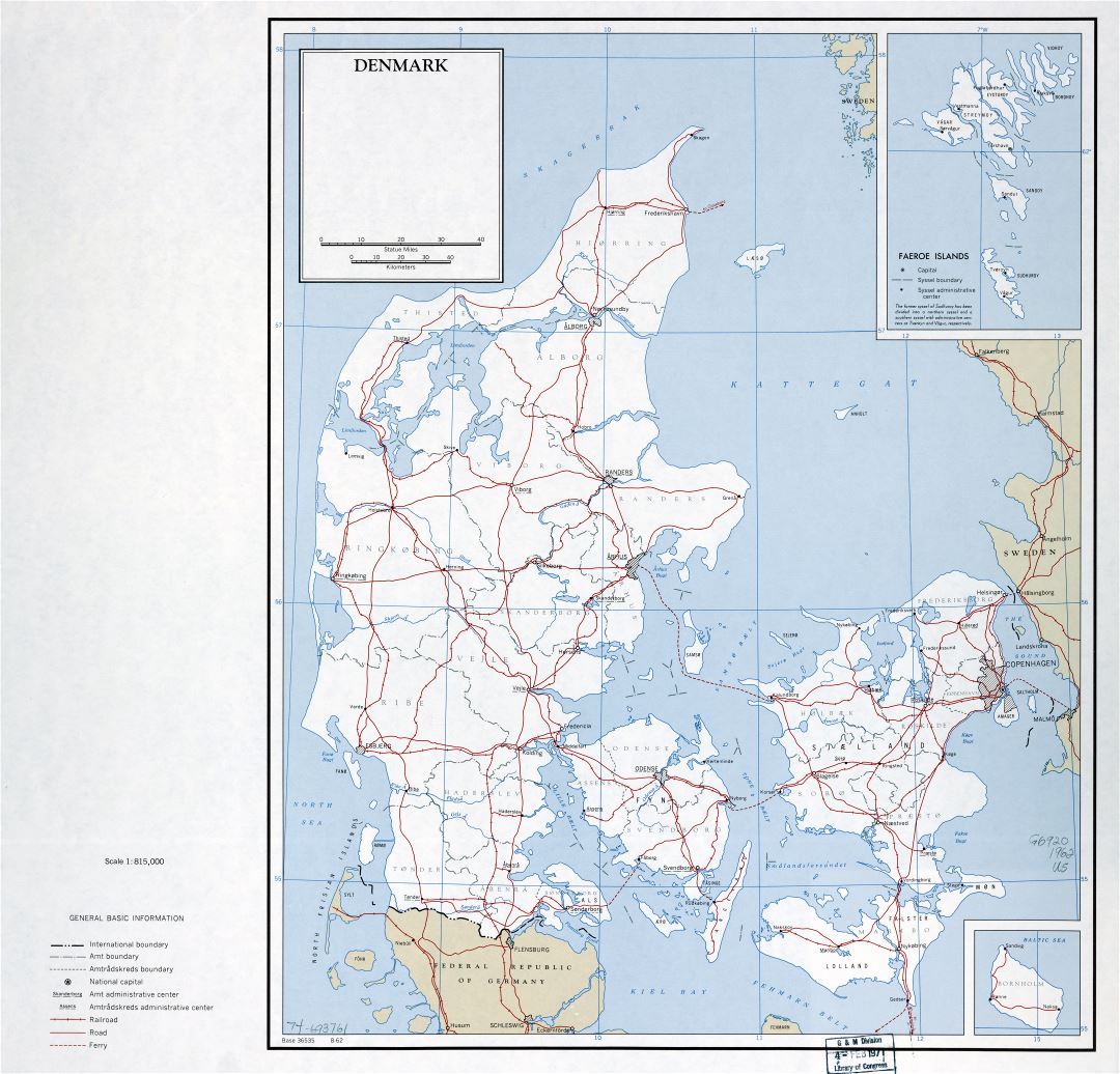 Large scale political and administrative map of Denmark with roads, railroads and major cities - 1962