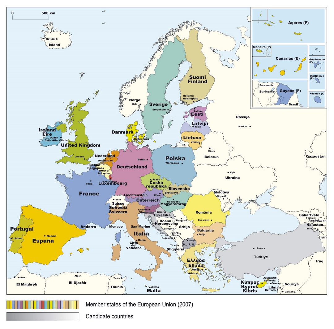 Detailed map of Member States of the European Union - 2007