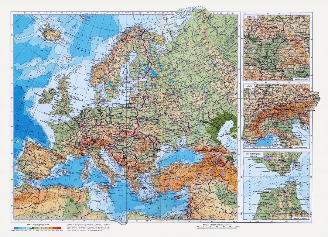 Detailed physical map of Europe in russian