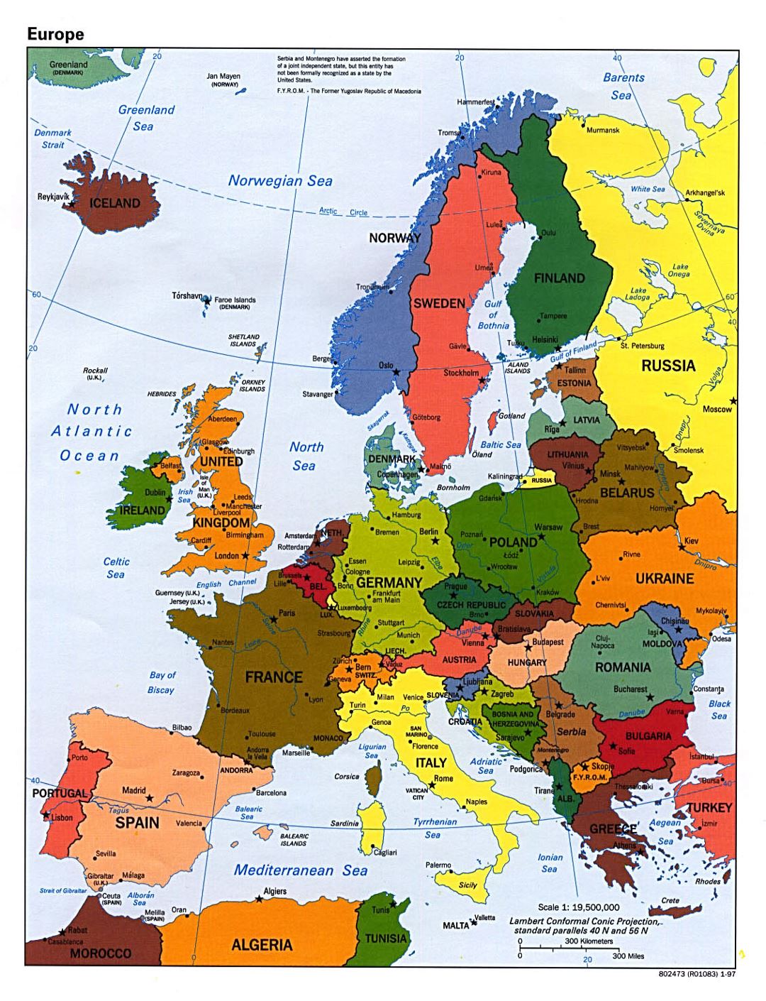Detailed political map of Europe with capitals and major cities - 1997