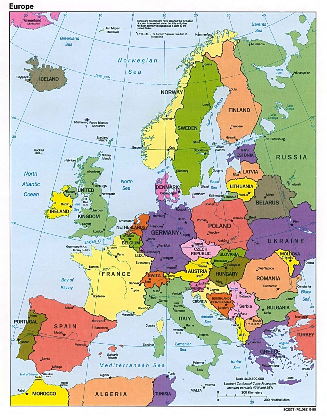 Detailed political map of Europe with major cities - 1995