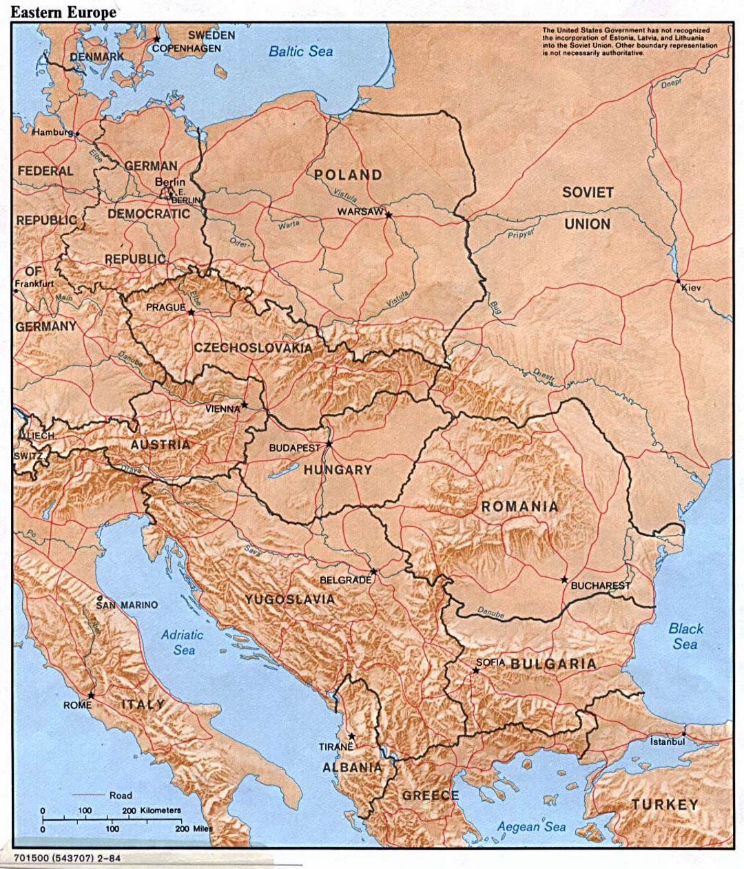 Detailed political map of Eastern Europe with relief - 1984