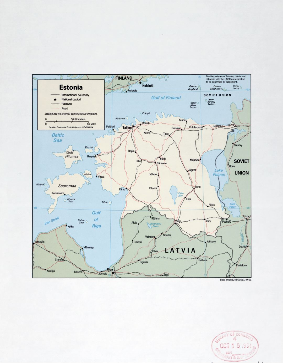 Large detail political map of Estonia with marks of major cities, roads and railroads - 1991