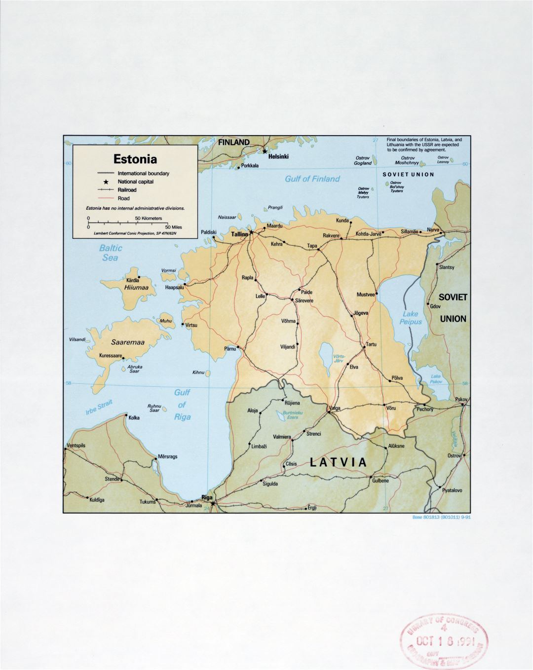 Large detail political map of Estonia with relief, marks of major cities, roads and railroads - 1991