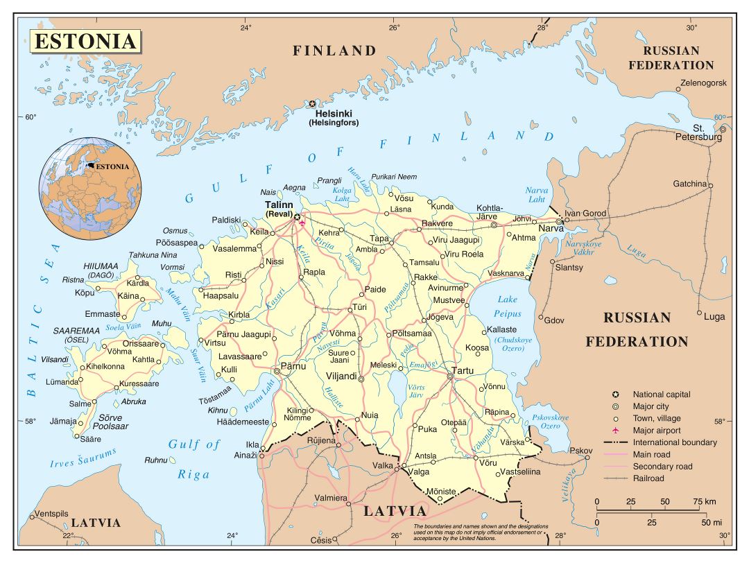Large detailed political map of Estonia with roads, railroads, cities and airports