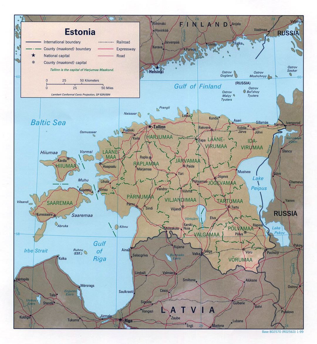 Large political and administrative map of Estonia with relief, roads and major cities - 1999