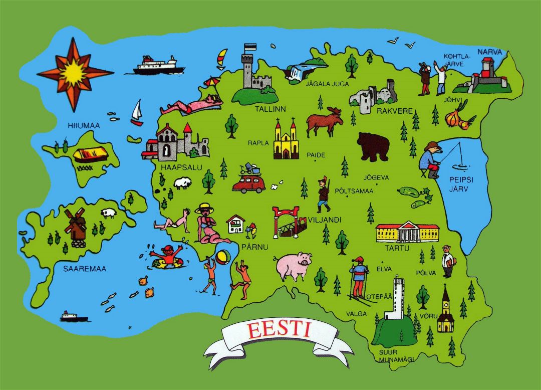 Large travel illustrated map of Estonia