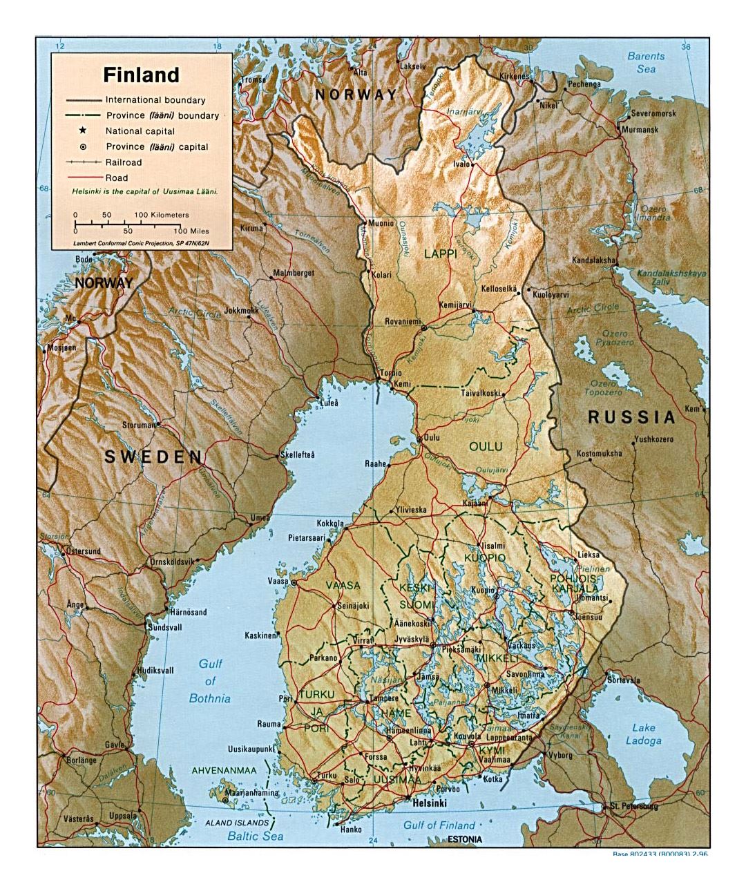 Detailed political and administrative map of Finland with relief, roads and cities - 1996