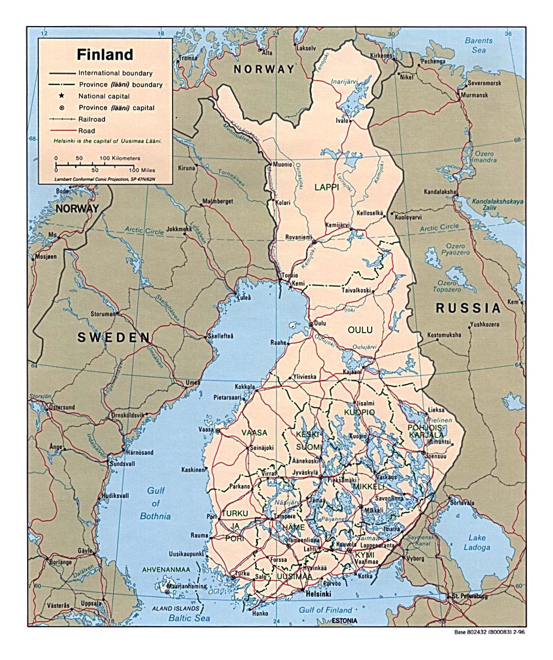 Detailed political and administrative map of Finland with roads and cities - 1996