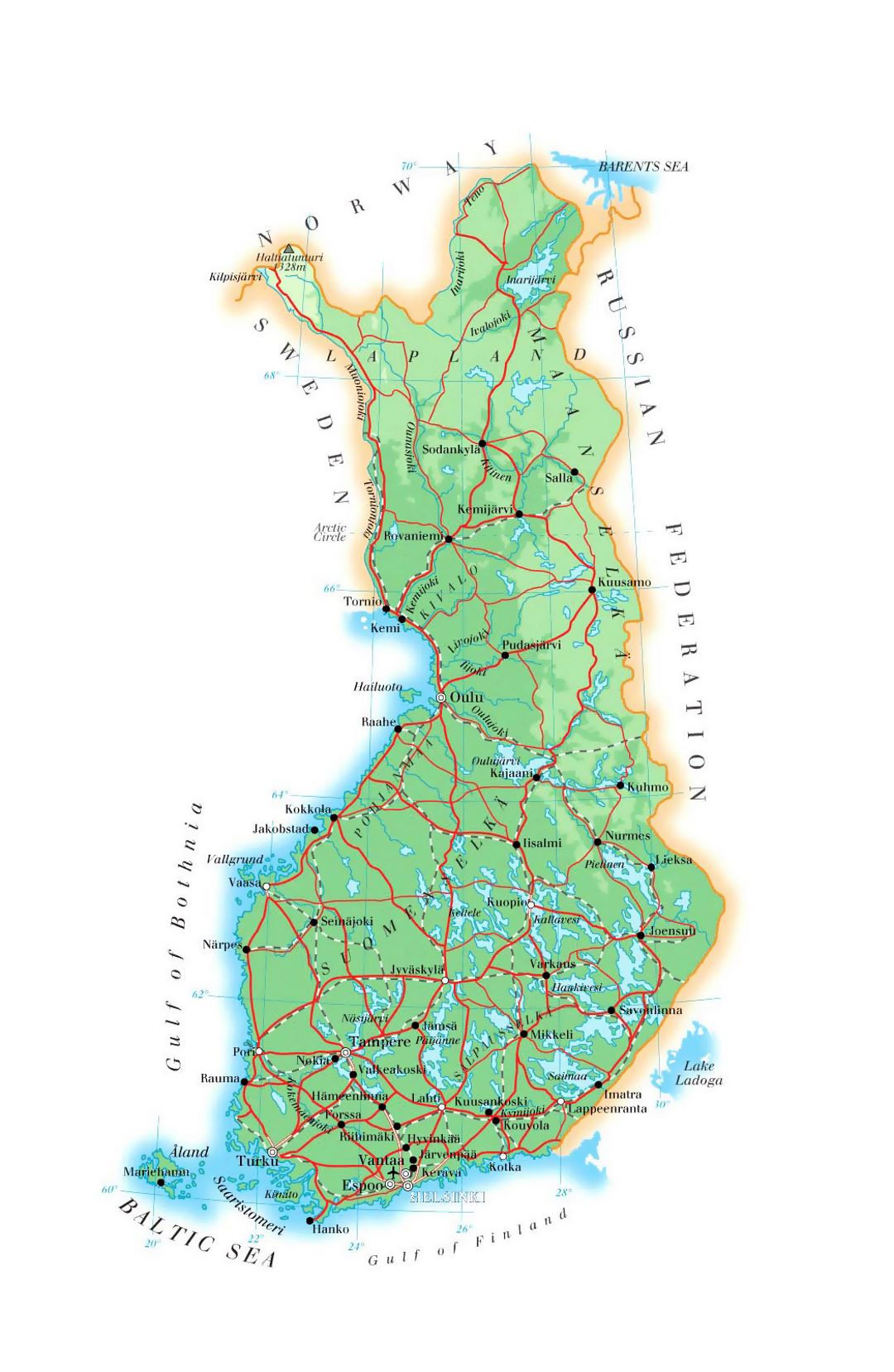 Elevation map of Finland with roads, cities and airports
