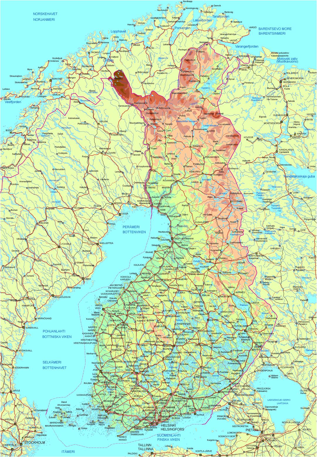 Large detailed elevation map of Finland with roads and cities