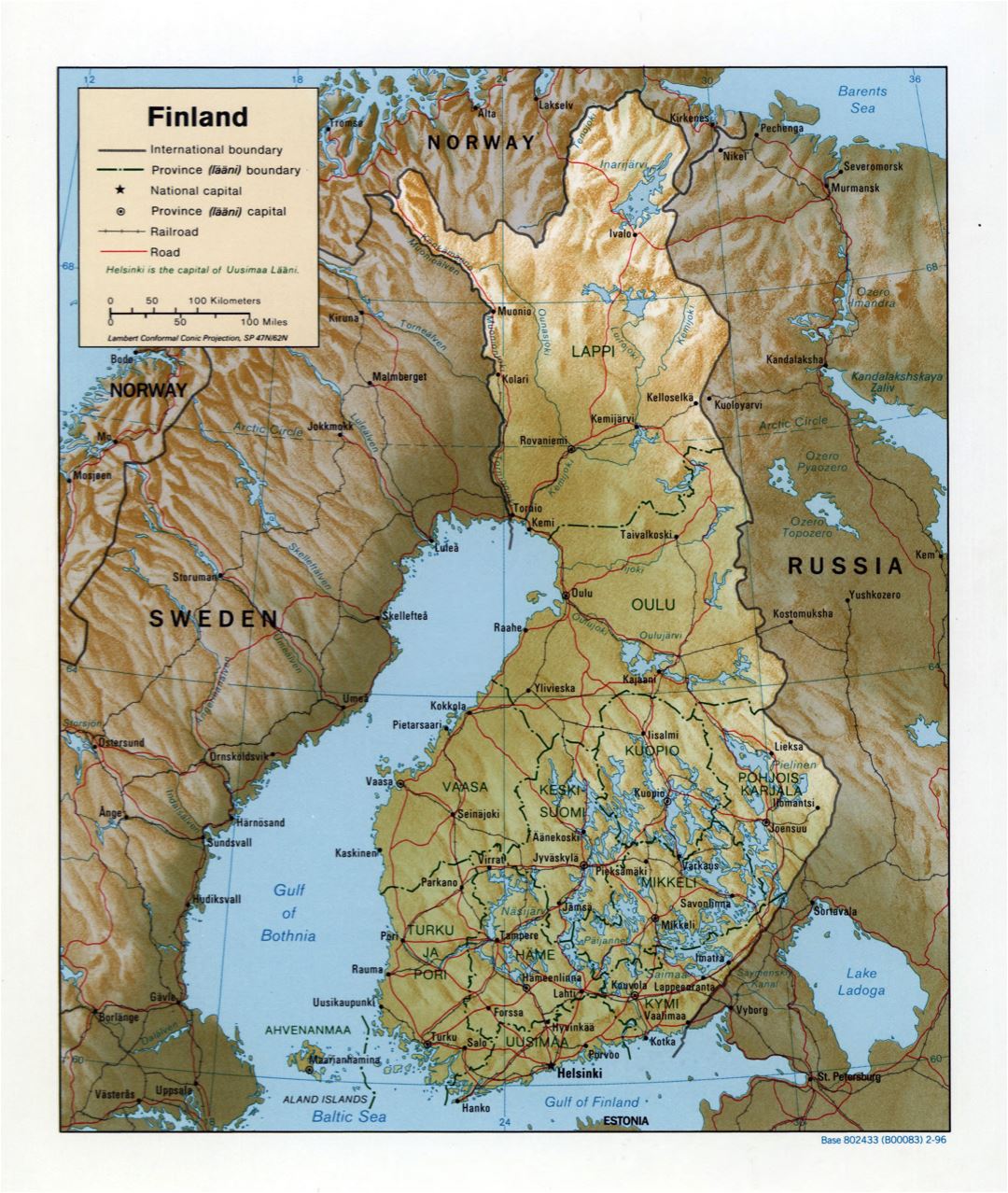 Large detailed political and administrative map of Finland with relief - 1996
