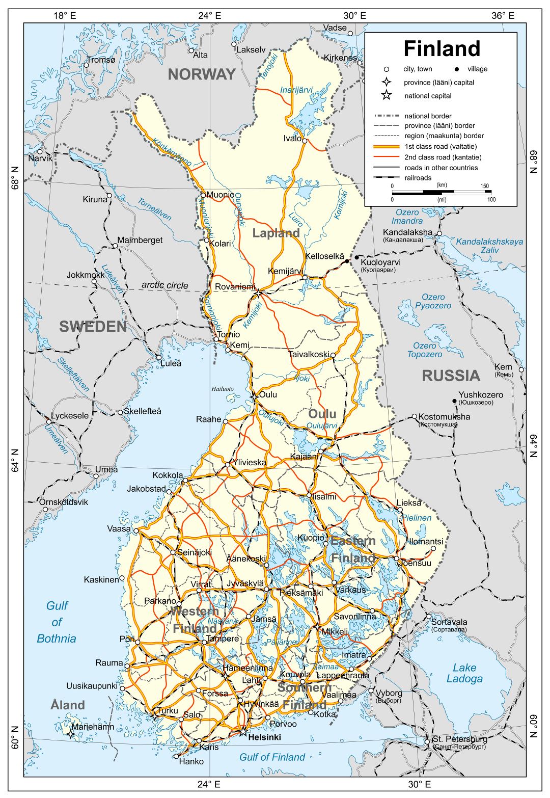 Large detailed political map of Finland with roads, railroads and cities