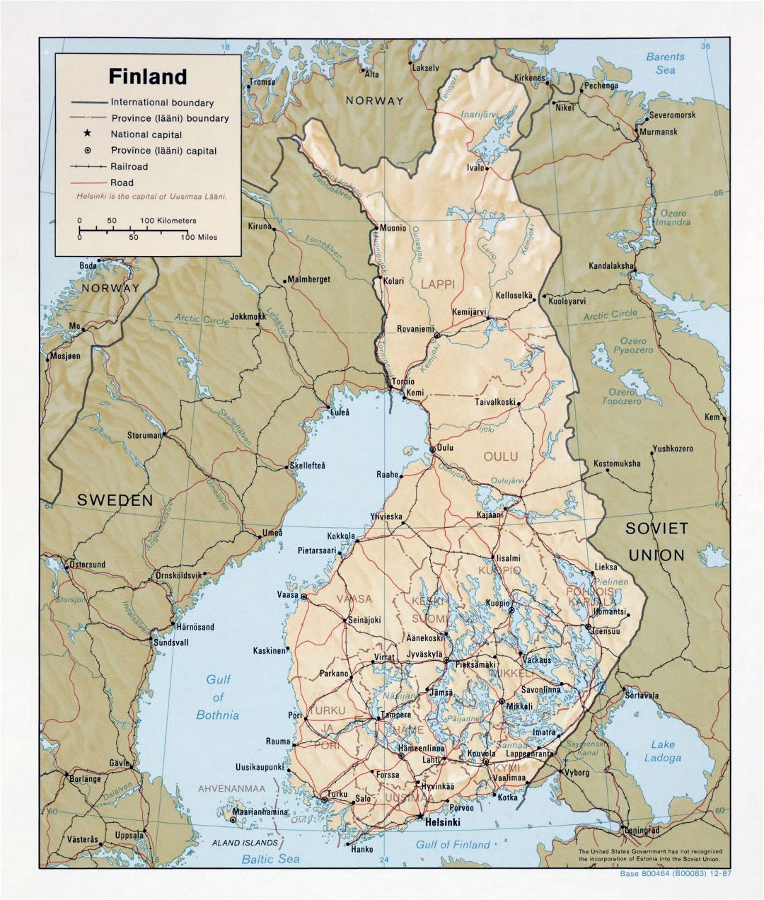 Large political and administrative map of Finland with relief, roads and cities - 1987