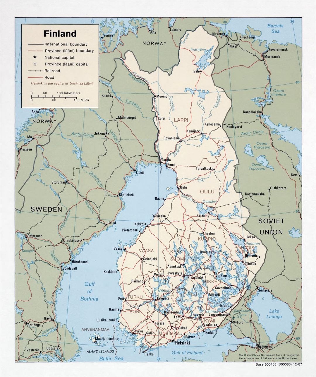 Large political and administrative map of Finland with roads and cities - 1987