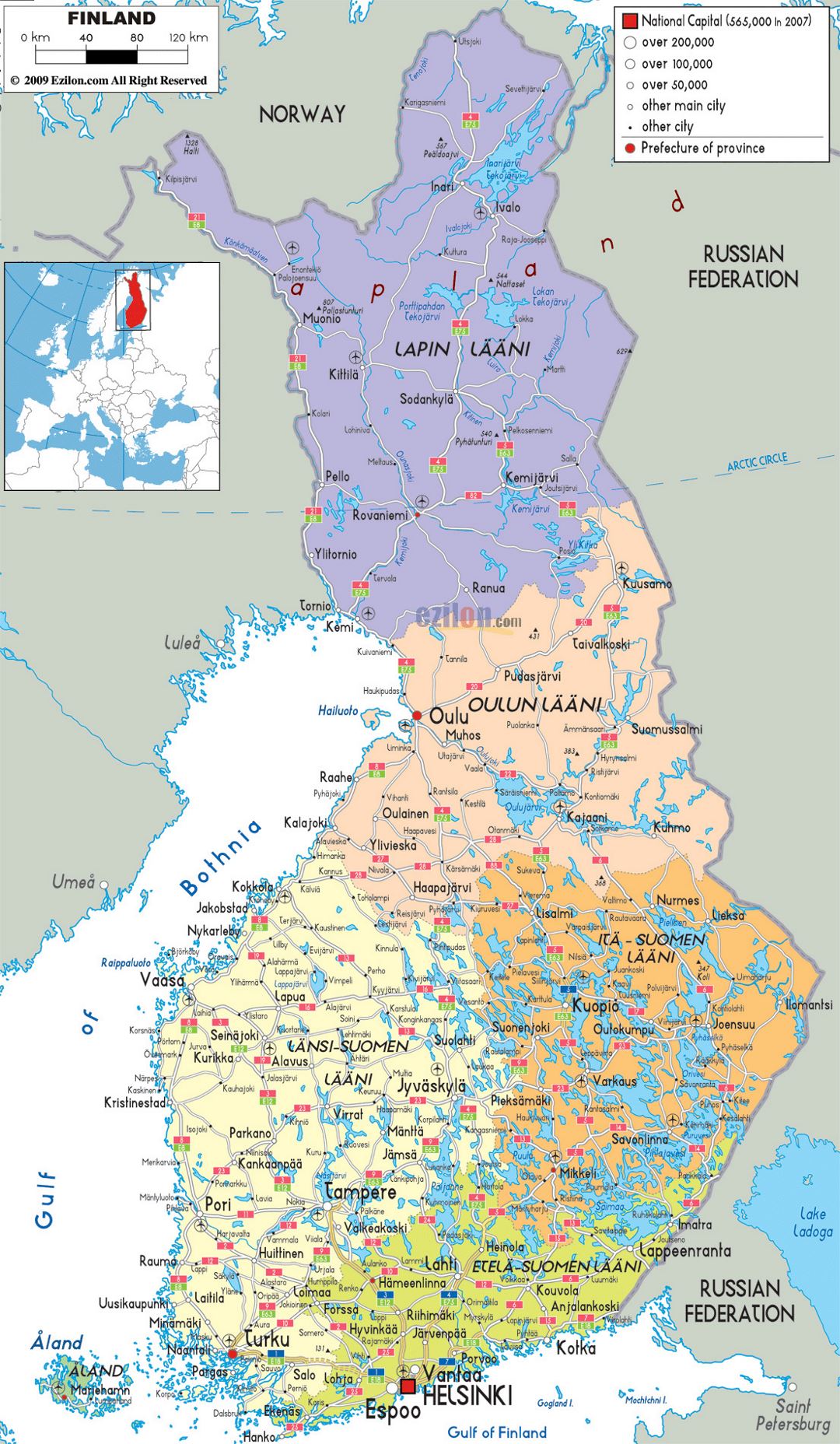Large political and administrative map of Finland with roads, cities and airports