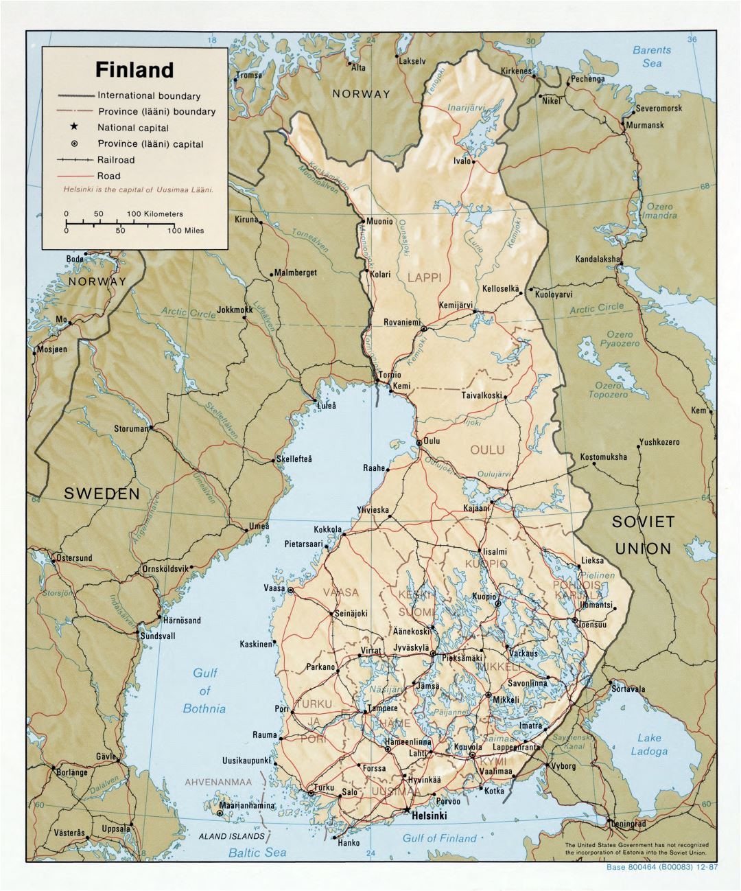 Large scale political and administrative map of Finland with relief, roads and major cities - 1987