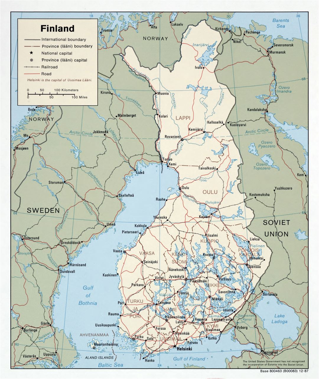 Large scale political and administrative map of Finland with roads and major cities - 1987