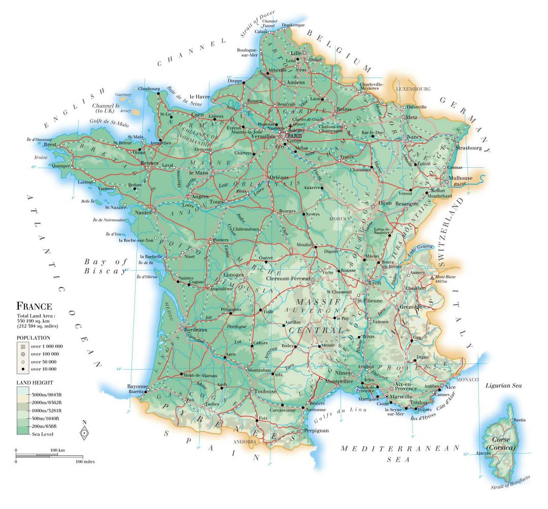 Detailed physical map of France with roads, cities and airports