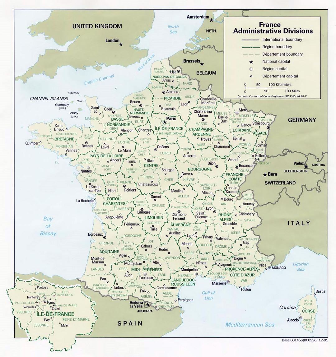 Large administrative divisions map of France - 1991
