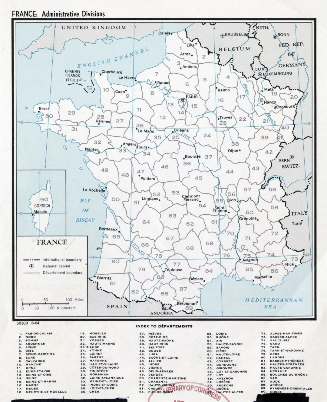 Large detailed administrative divisions map of France - 1964