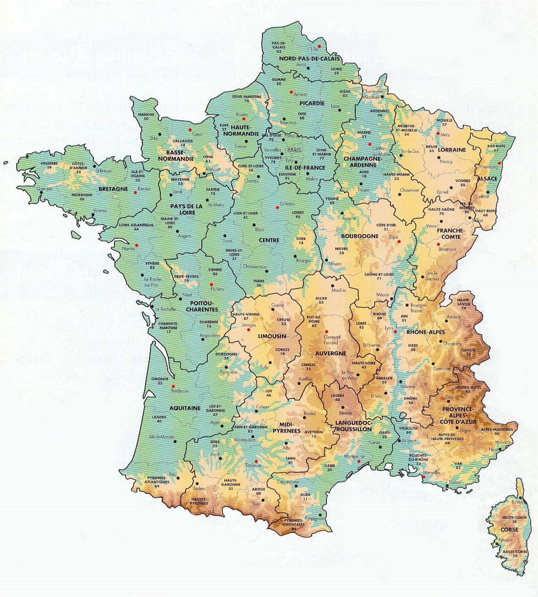 Large elevation map of France with administrative divisions