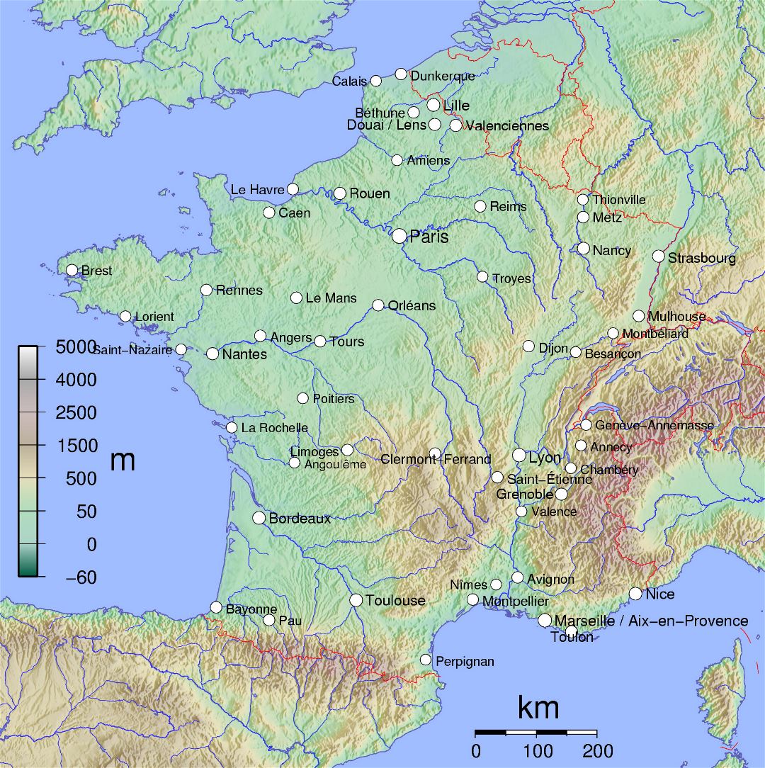 Large physical map of France