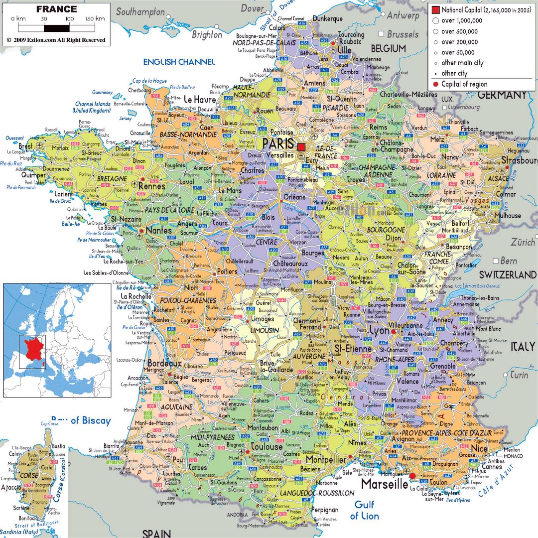 Large political and administrative map of France with roads, cities and airports