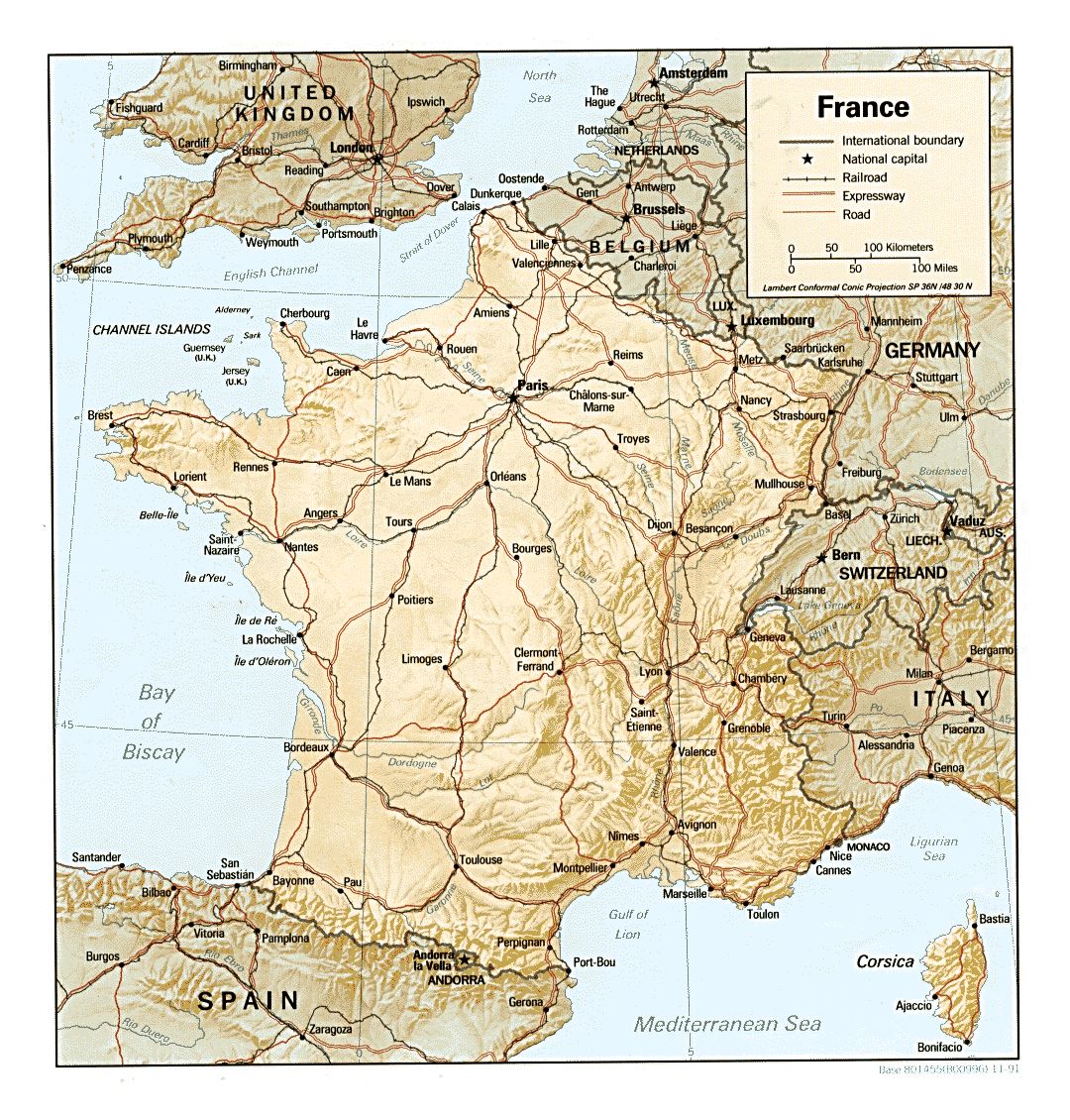 Large political map of France with relief - 1991
