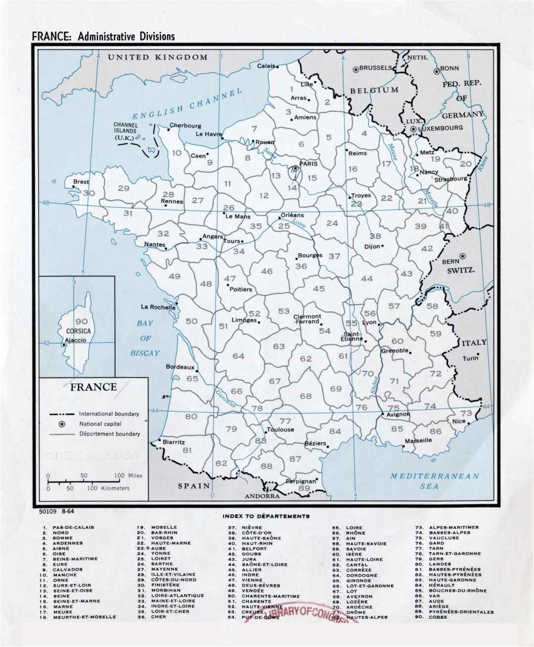 Large scale administrative divisions map of France - 1964