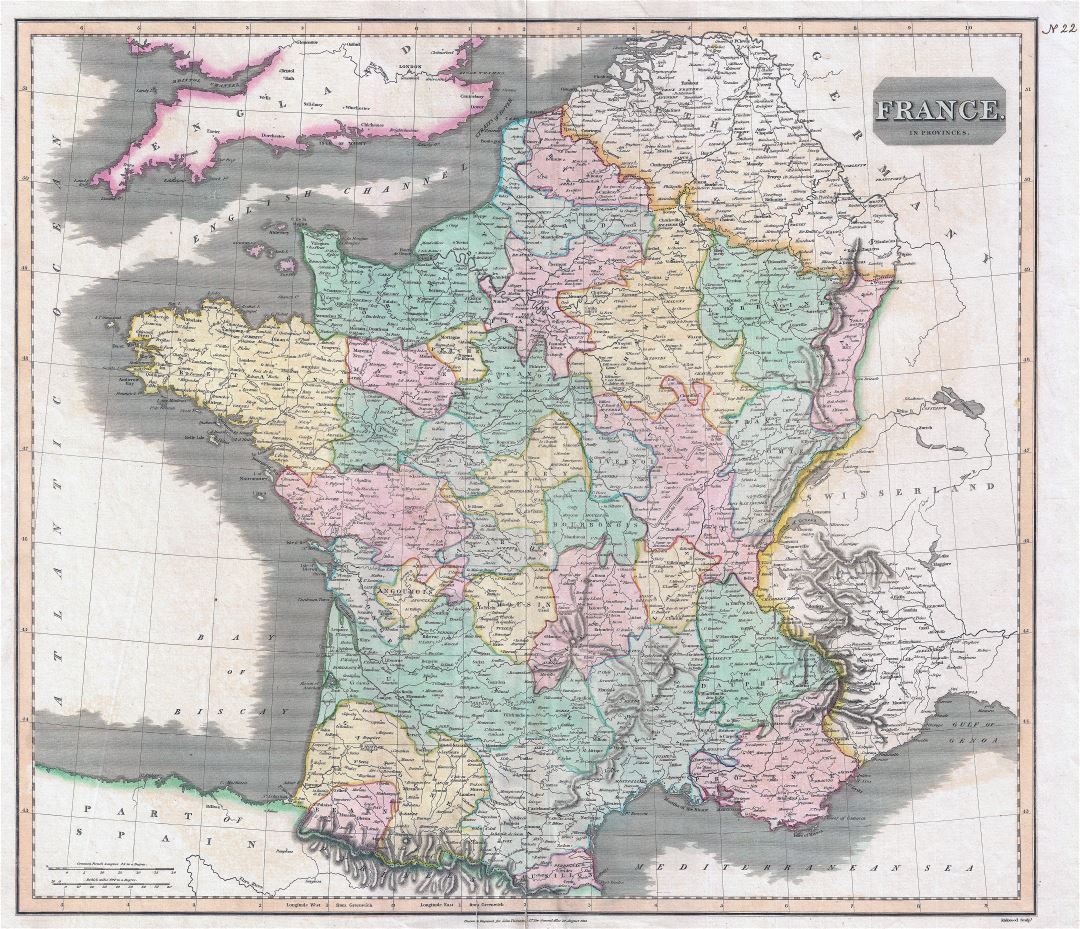 Large scale old political and administrative map of France - 1814