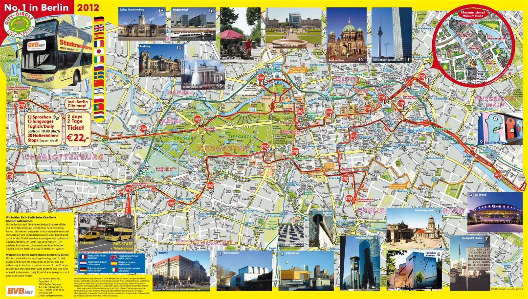 Large detailed hop on hop off bus tourist map of Berlin