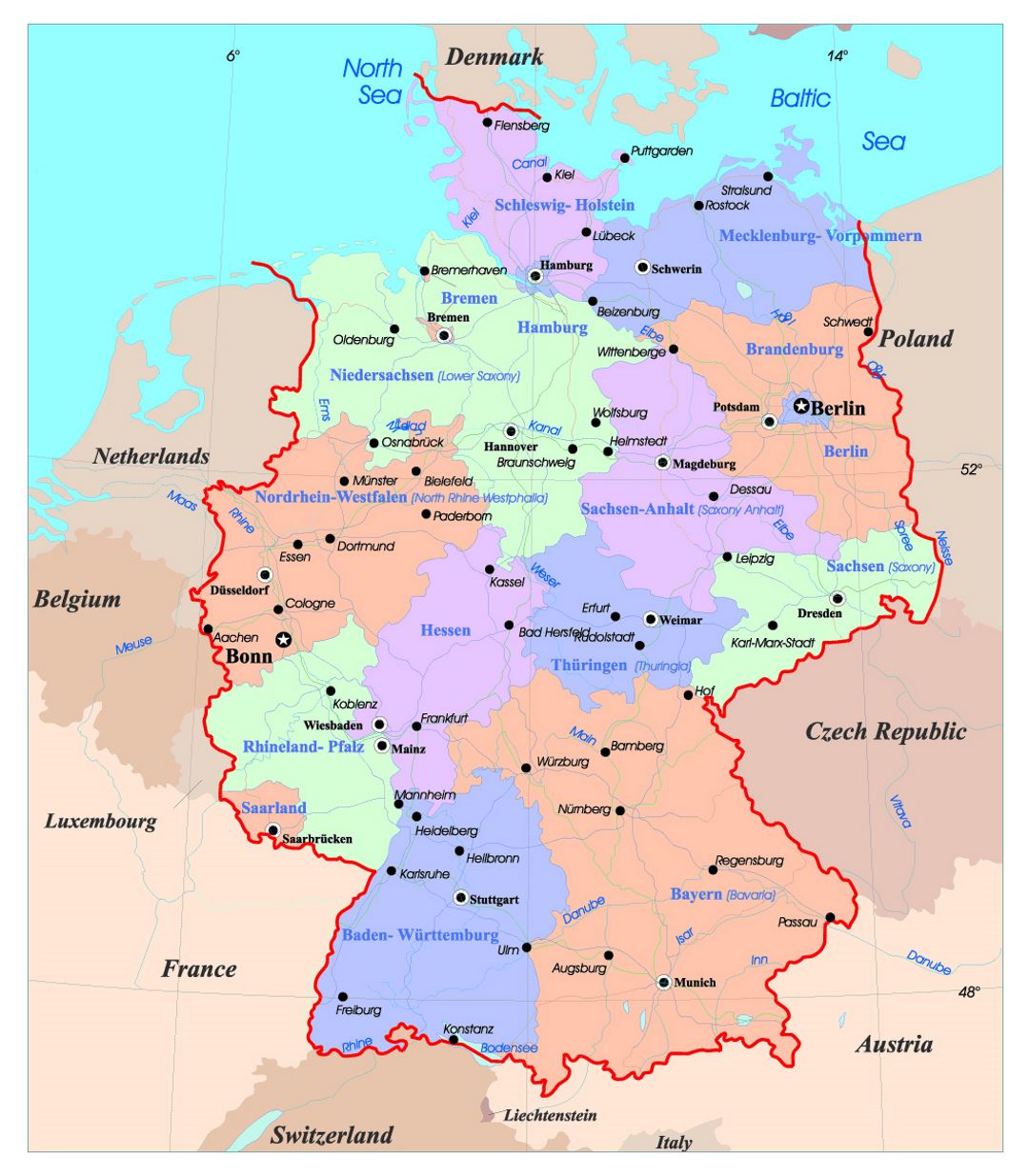 Detailed administrative map of Germany with major cities