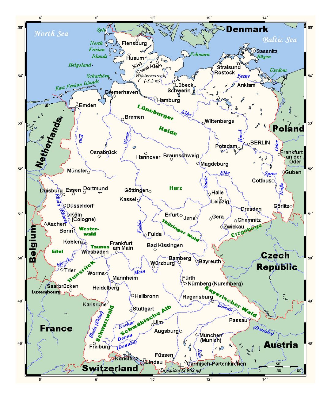 Detailed map of Germany with major cities