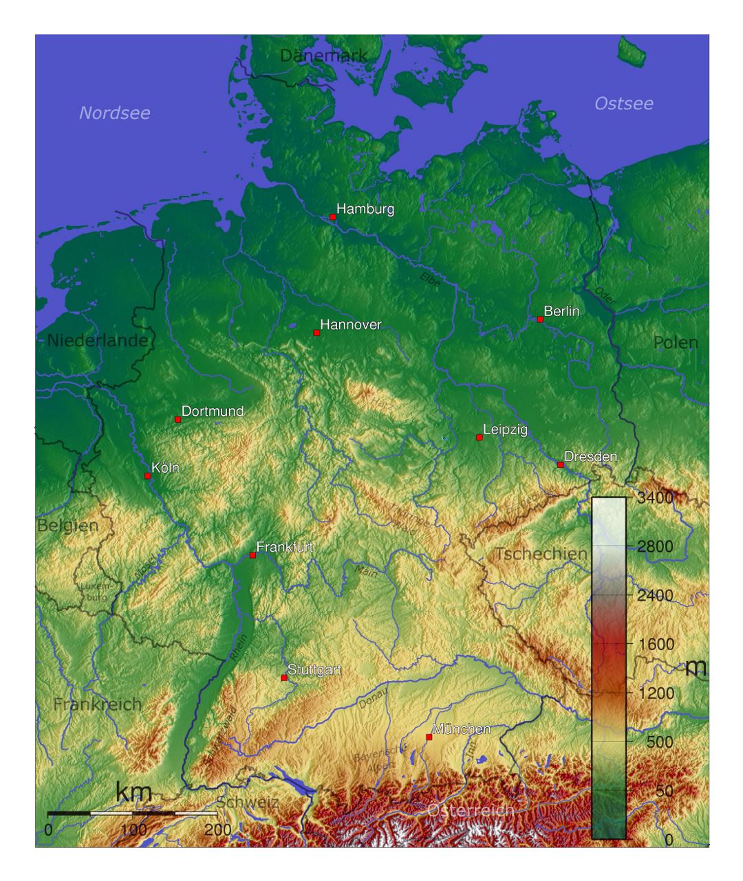 Detailed physical map of Germany