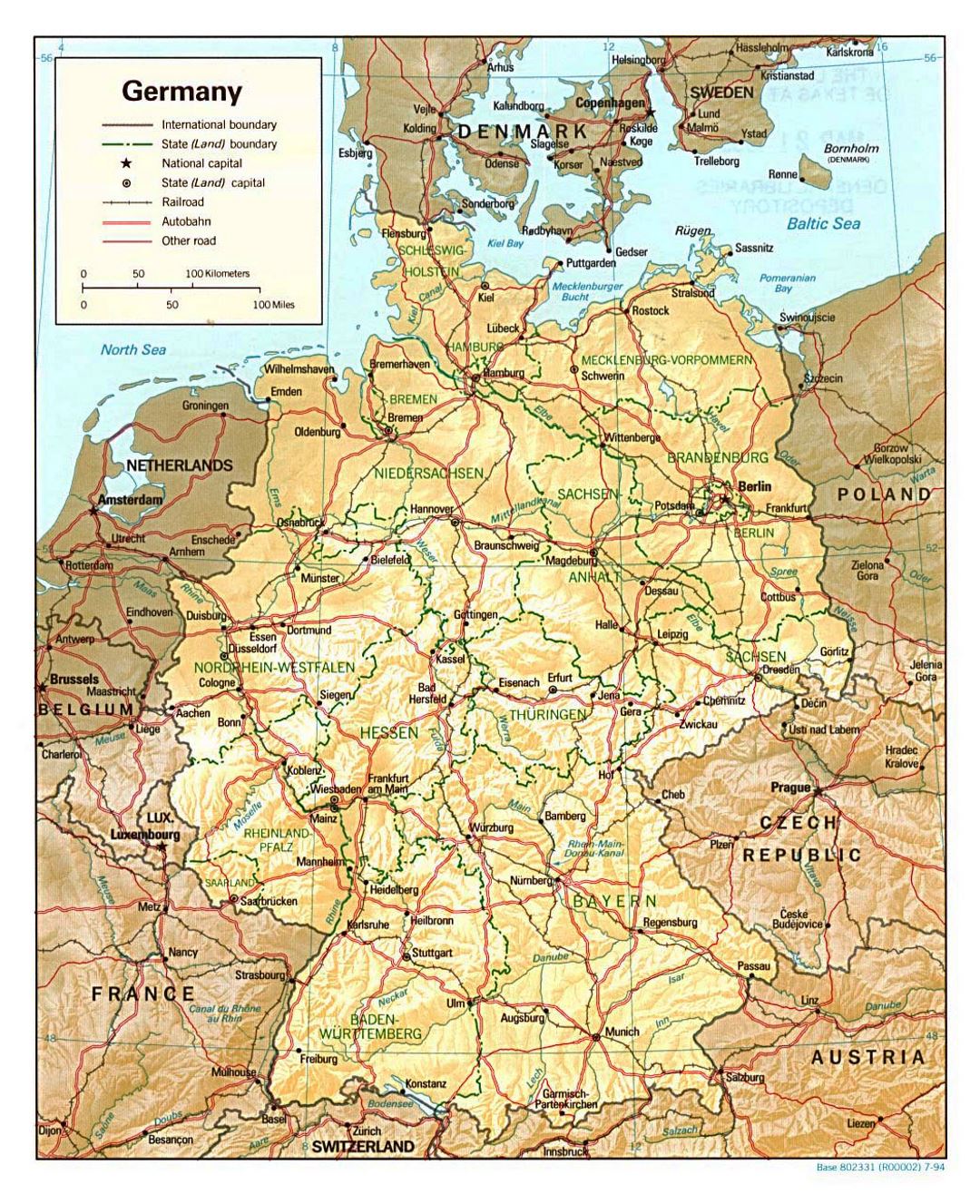 Detailed political and administrative map of Germany with relief, roads and major cities - 1994