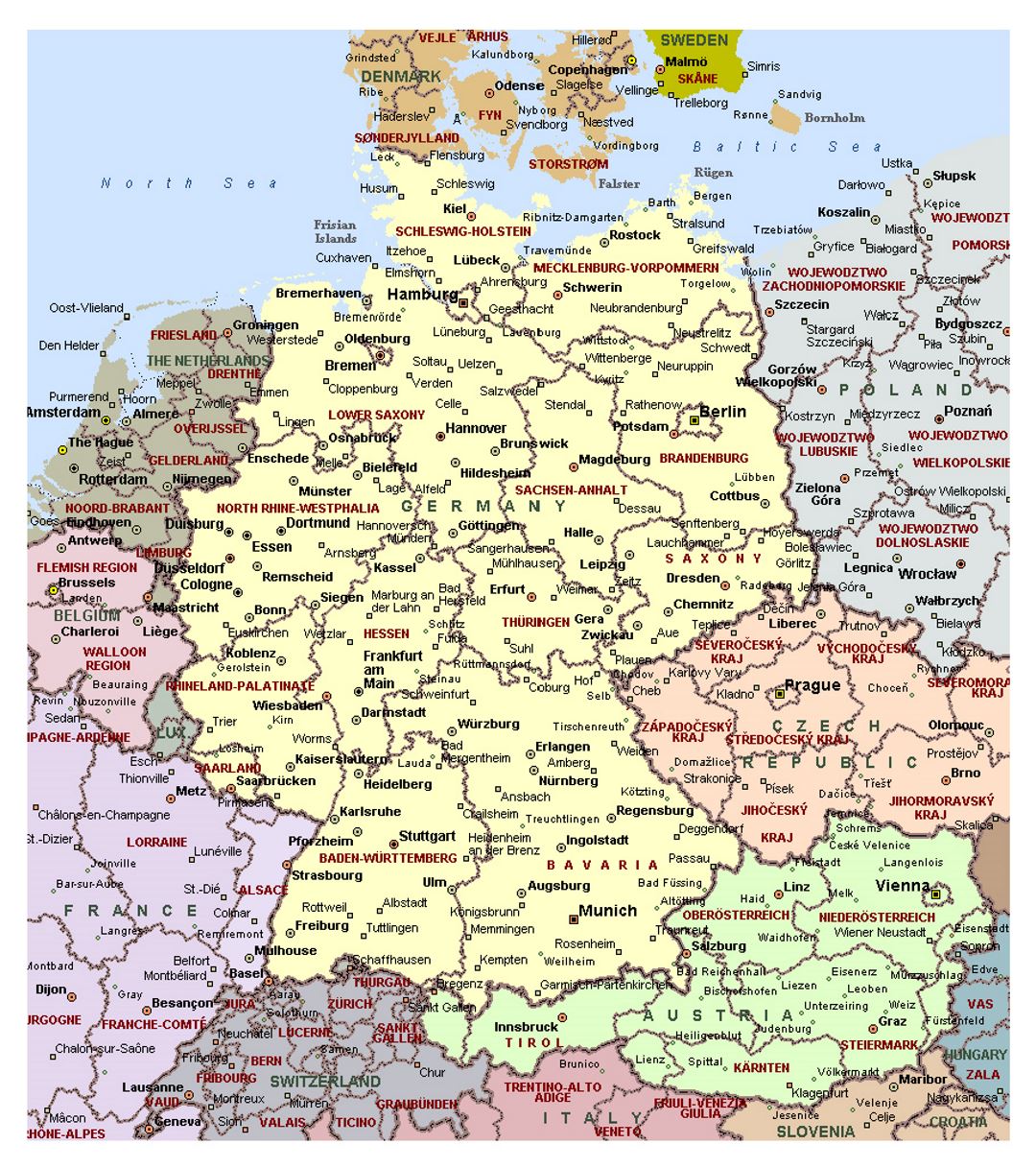 Detailed political map of Germany with administrative divisions and major cities