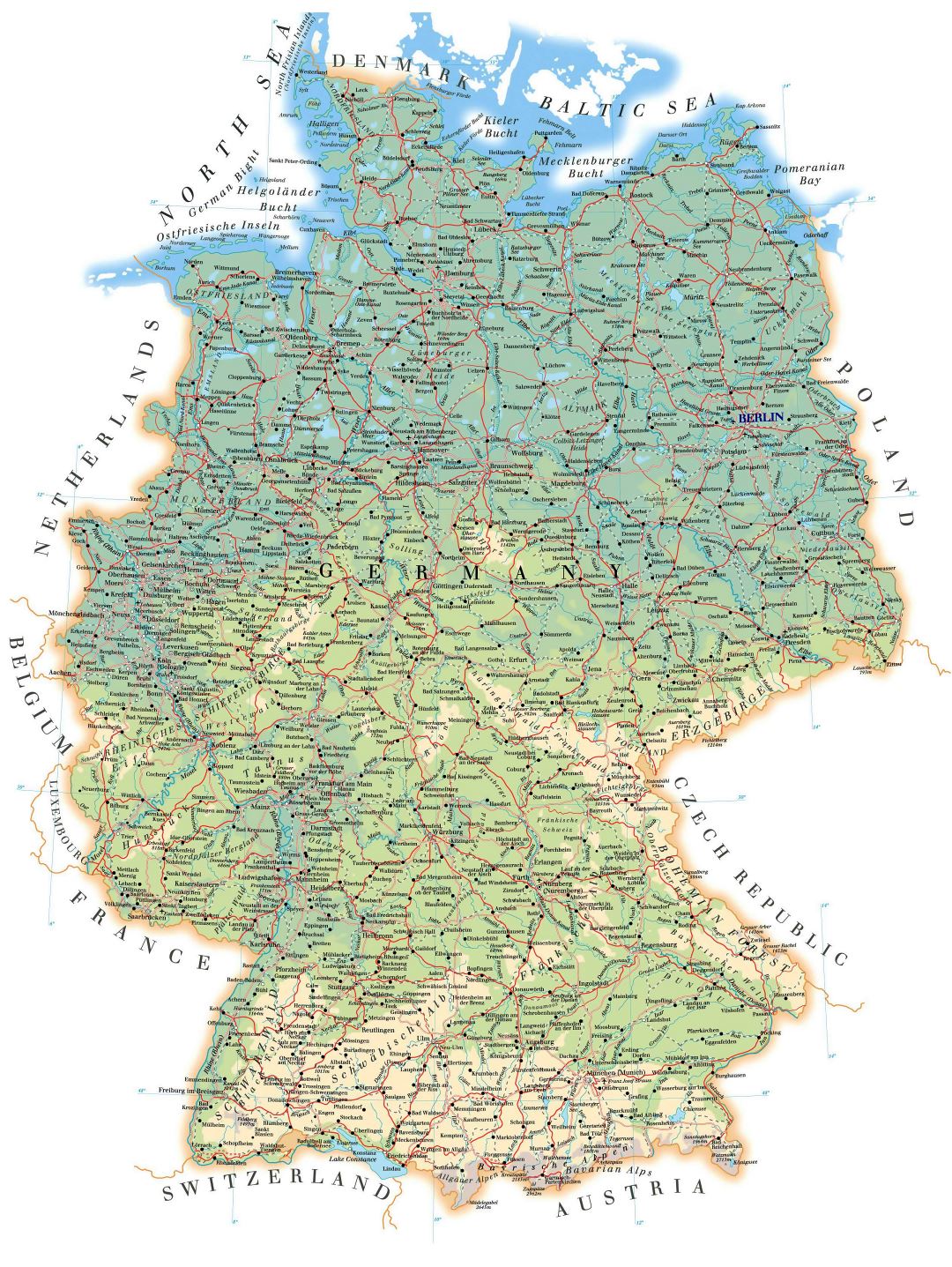 Large detailed elevation map of Germany with roads, cities and airports