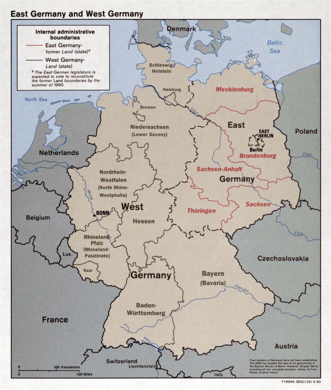 Large detailed political and administrative map of East Germany and West Germany - 1990