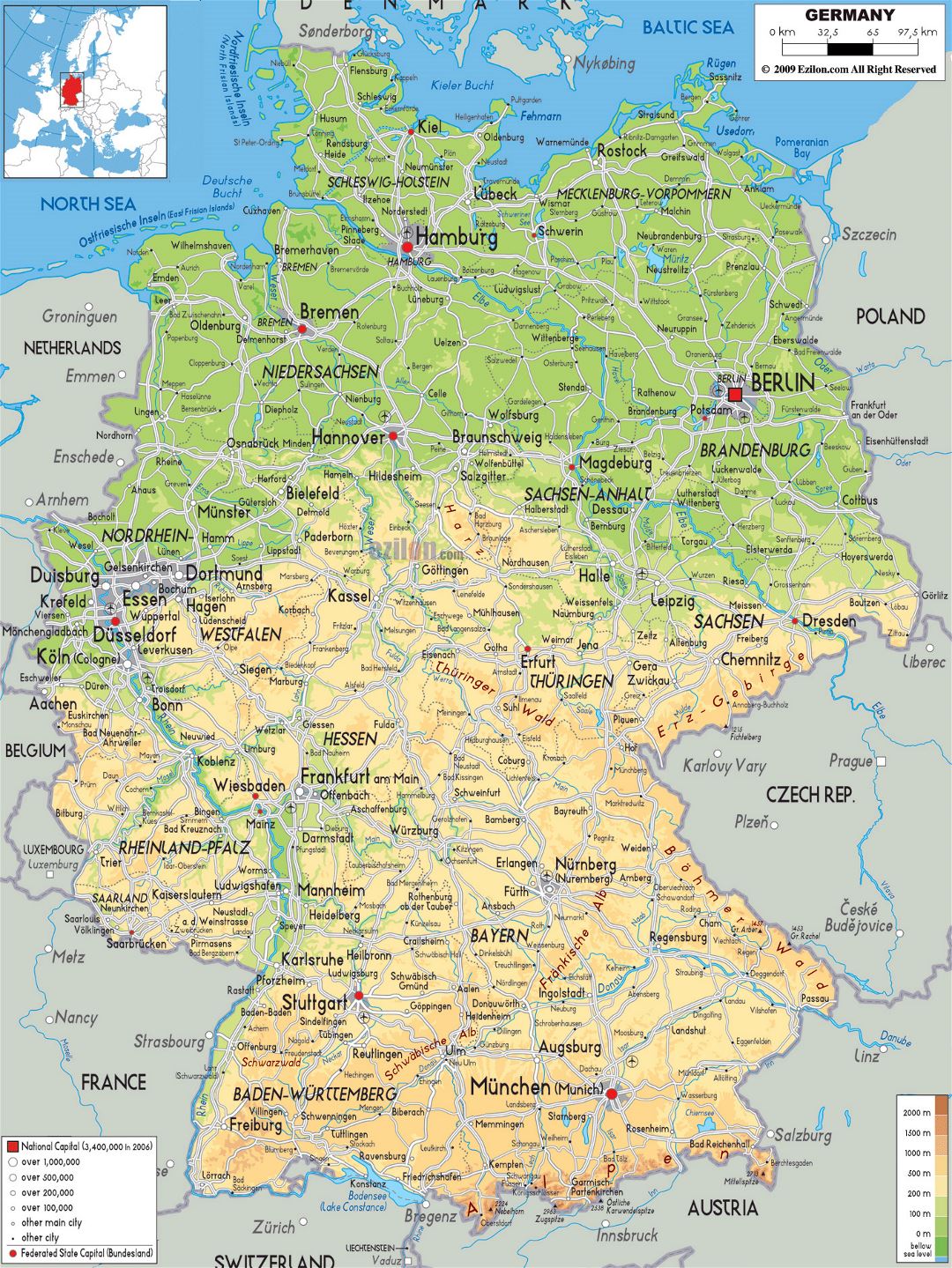 Large physical map of Germany with roads, cities and airports