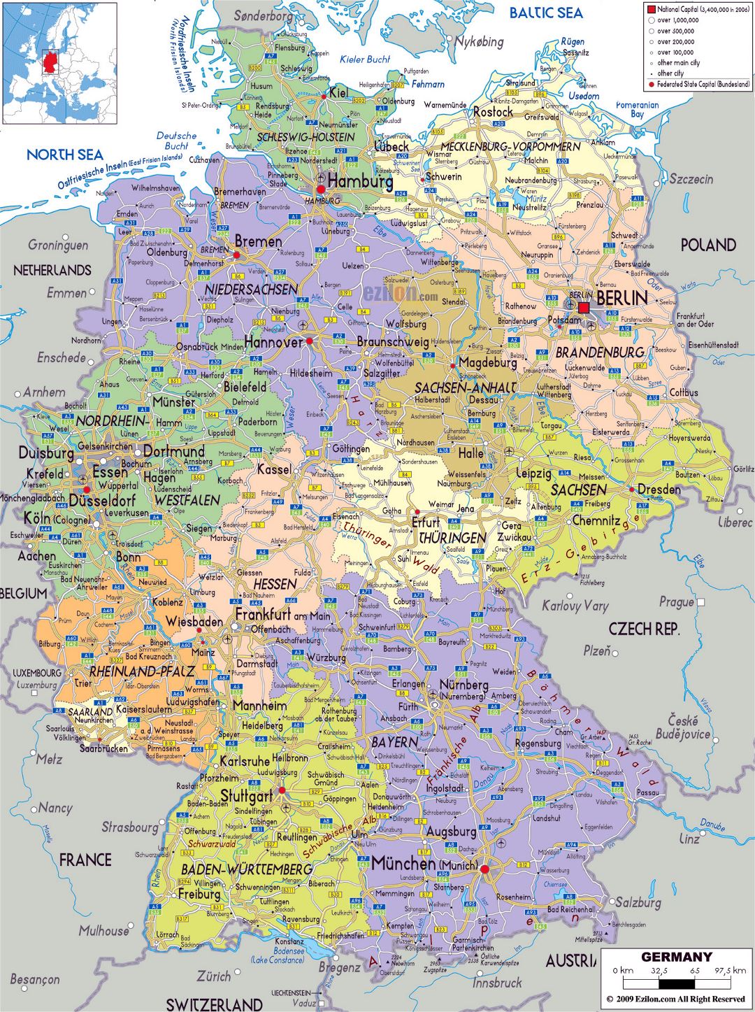 Large political and administrative map of Germany with roads, cities and airports