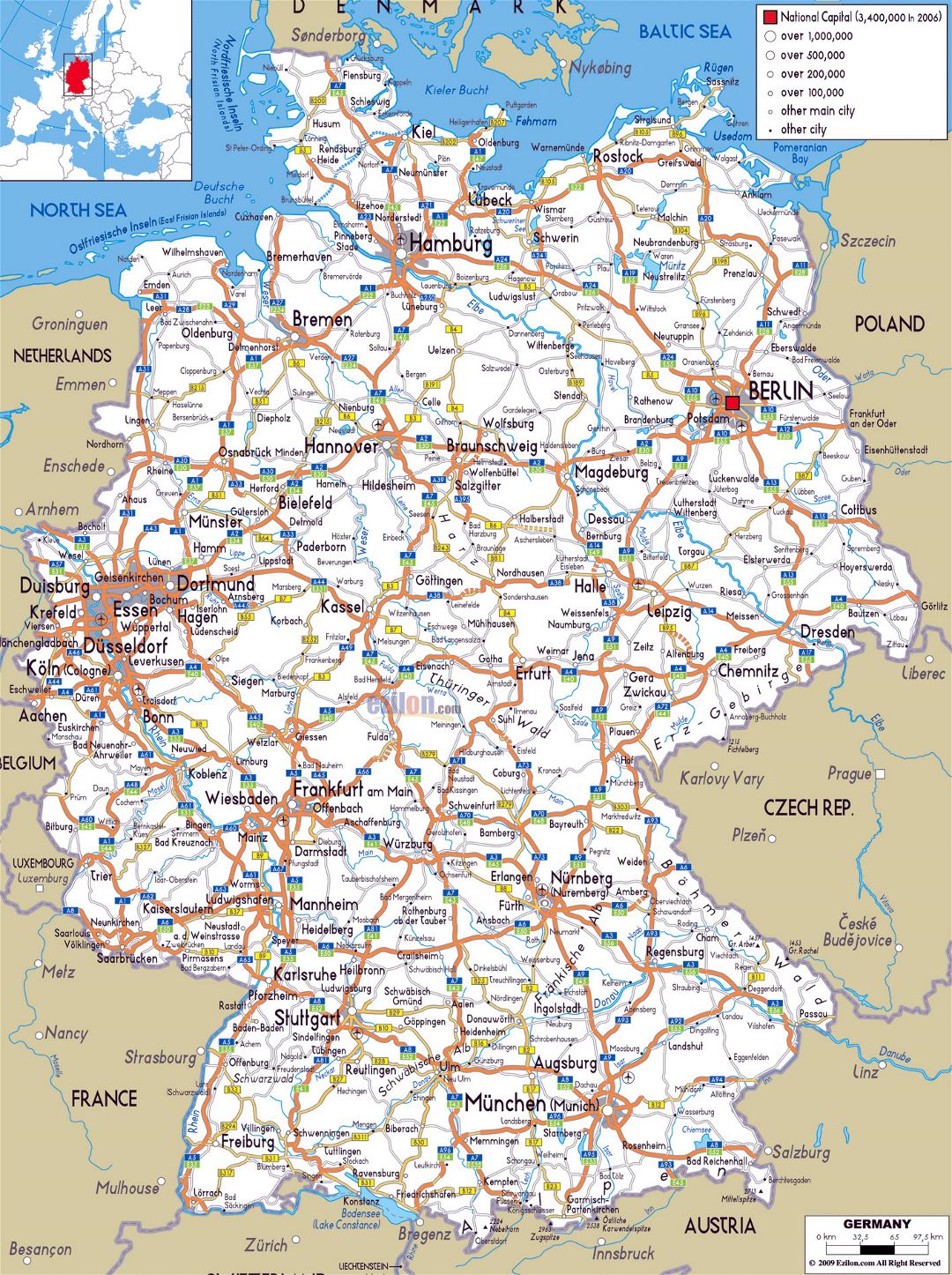 Large road map of Germany with cities and airports
