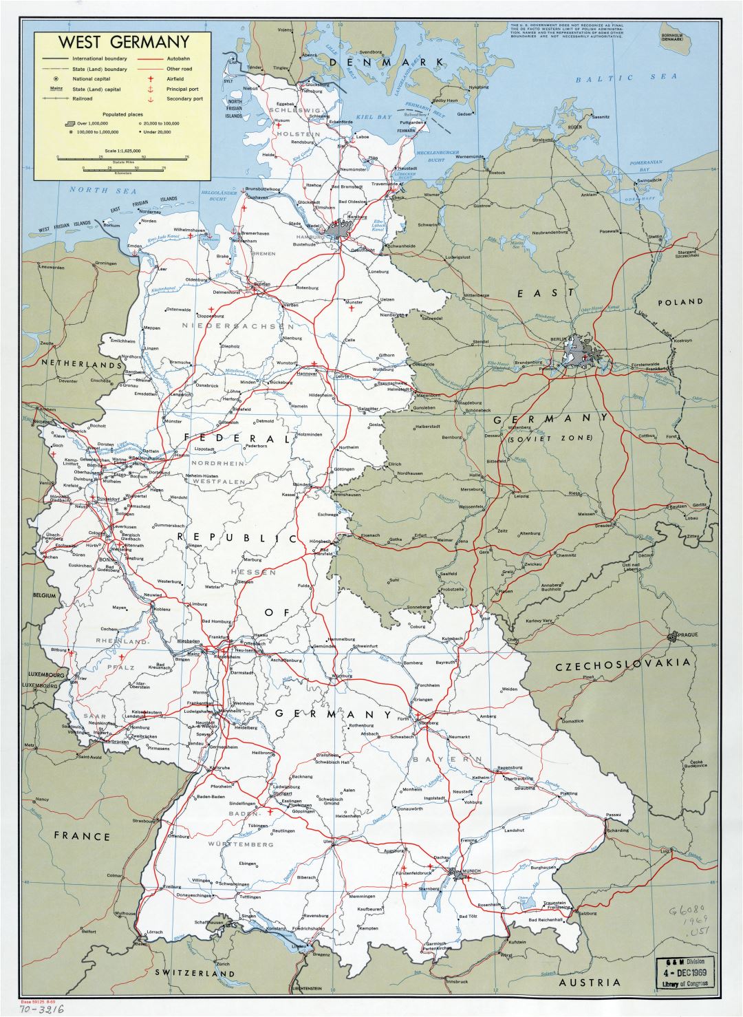 Large scale political and administrative map of West Germany with marks of cities, roads, railroads, airfield and seaports - 1969