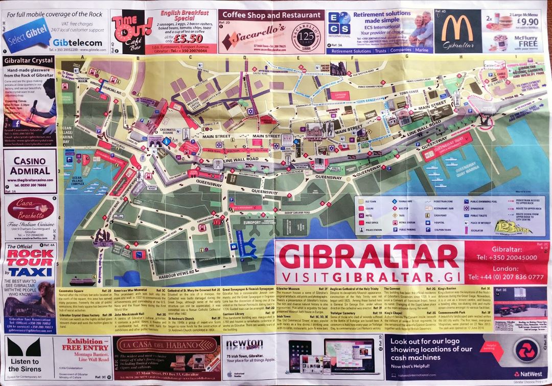 Large detailed tourist map of Gibraltar city