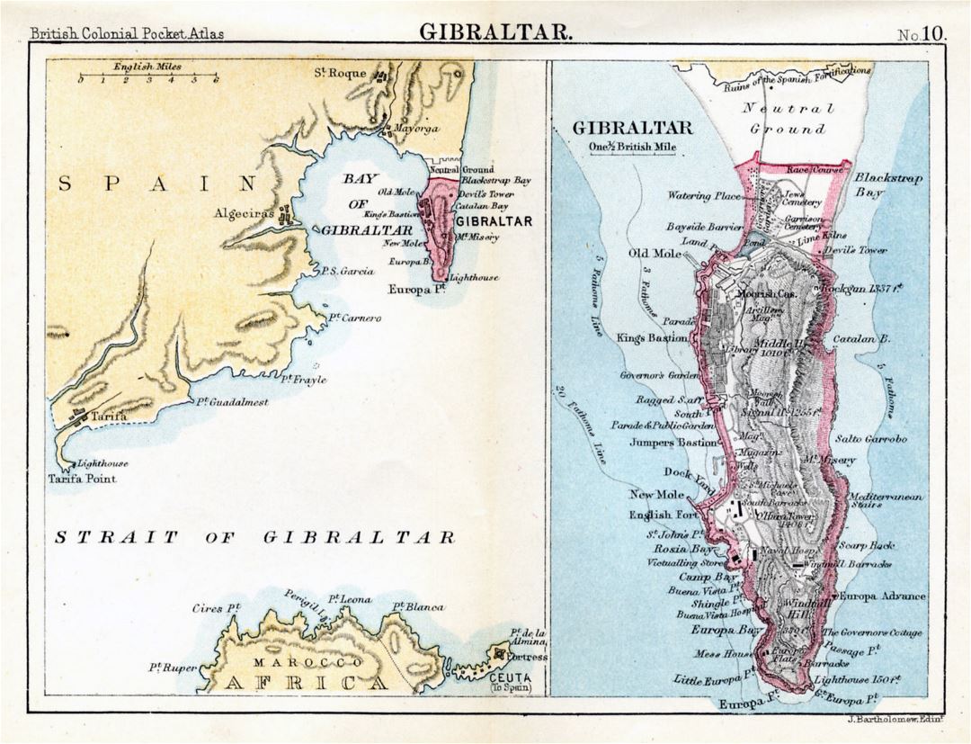 Large old map of Gibraltar with relief