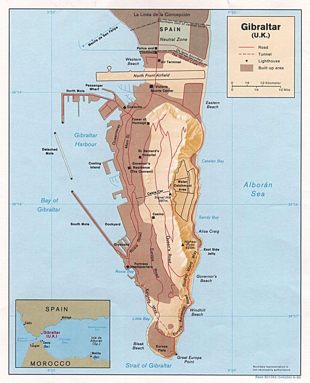 Large political map of Gibraltar with relief - 1989
