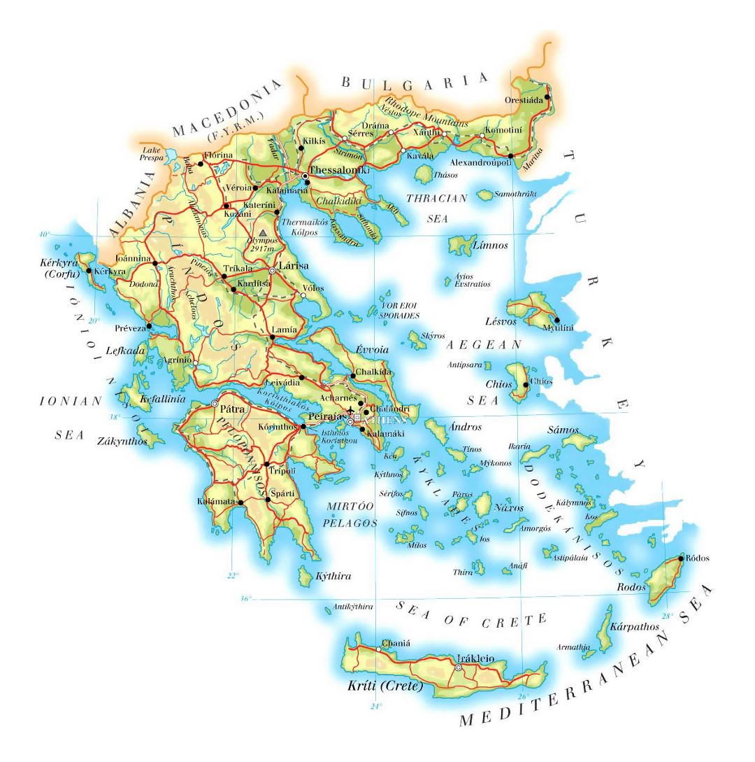 Detailed elevation map of Greece with roads, cities and airports